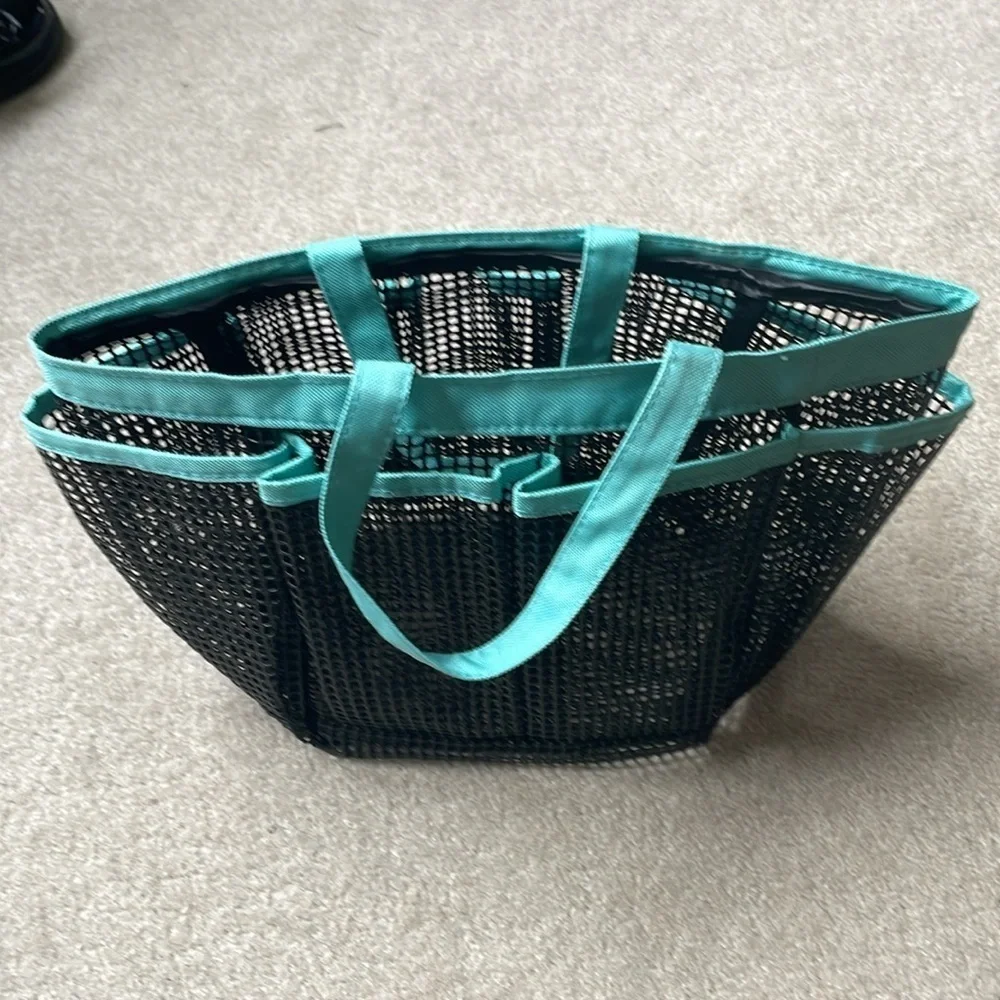 Black and turquoise mesh tote basket